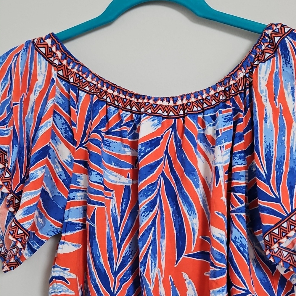 Flying Tomato Tropical Leaf Print Blouse XS Orange Blue Off Shoulder Boho Top - Picture 8 of 11